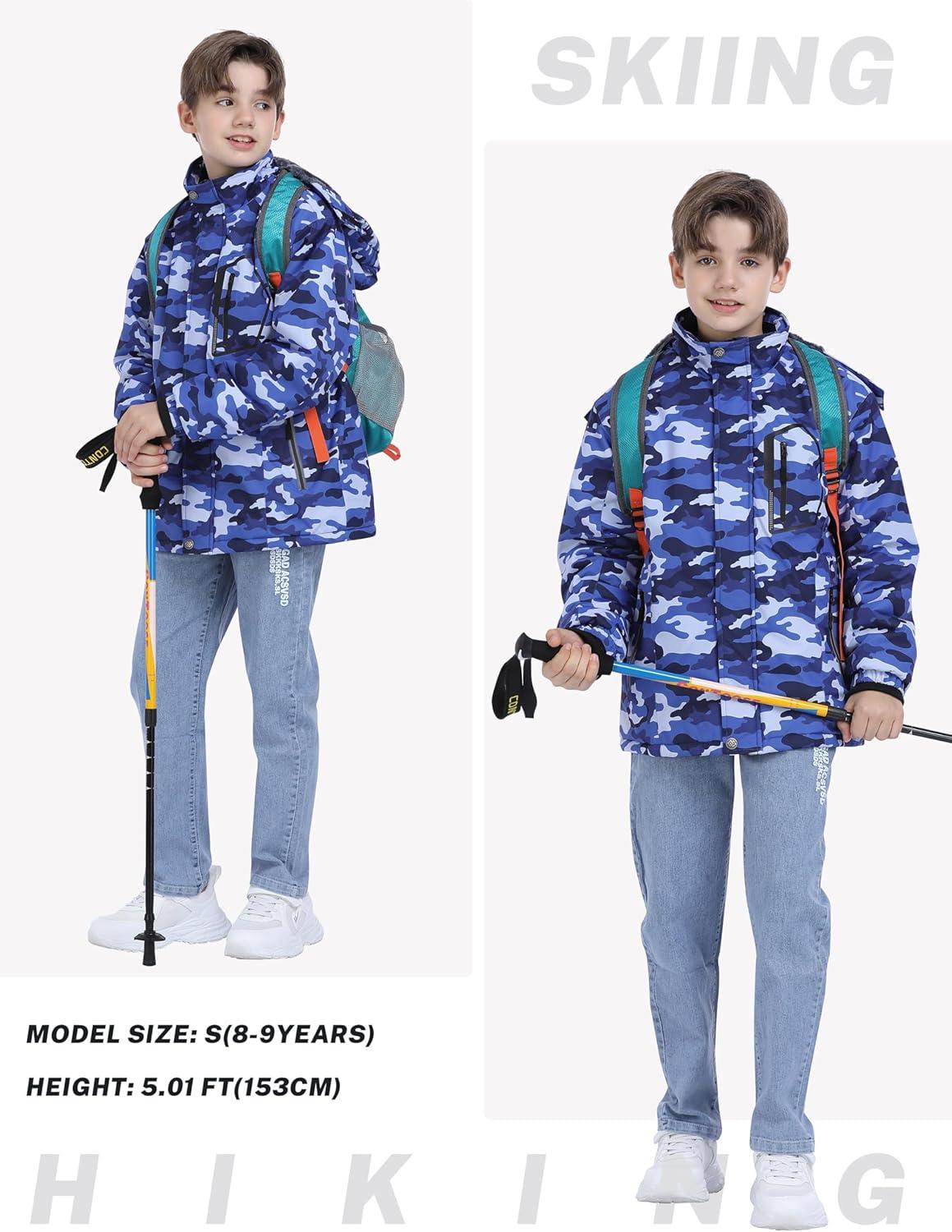 imageMoFiz Boys Waterproof Skiing Jacket Kids Hooded Fleece Winter Snowboard Jackets Windproof Warm Outerwear with Zip PocketsPrint Blue