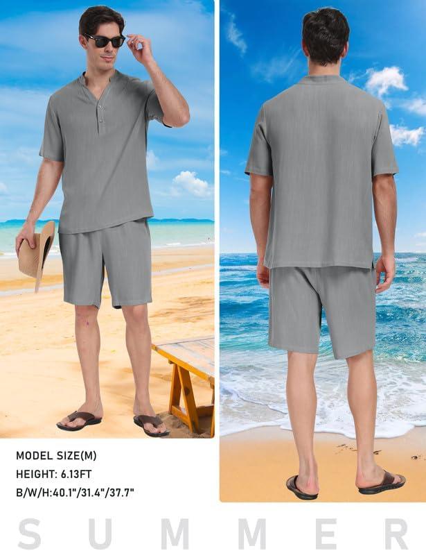 imageMoFiz Mens Linen Sets 2 Pieces Summer Vacation Party Beach Outfits Short Sleeve Button Down Shirts and Pants SetAlight Grey
