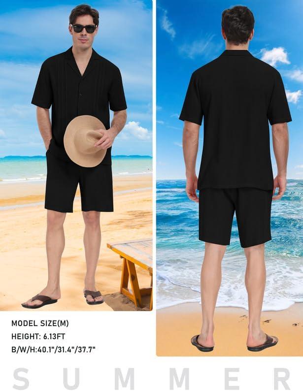 imageMoFiz Mens Linen Sets 2 Pieces Summer Vacation Party Beach Outfits Short Sleeve Button Down Shirts and Pants SetBblack