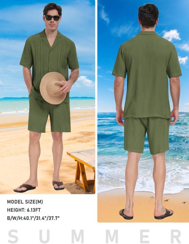 imageMoFiz Mens Linen Sets 2 Pieces Summer Vacation Party Beach Outfits Short Sleeve Button Down Shirts and Pants SetBgreen