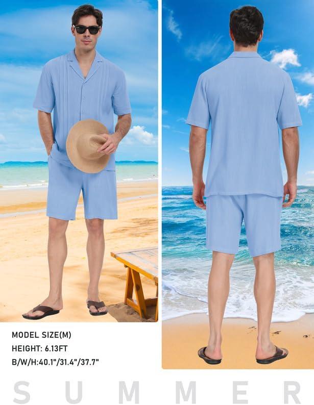 imageMoFiz Mens Linen Sets 2 Pieces Summer Vacation Party Beach Outfits Short Sleeve Button Down Shirts and Pants SetBlight Blue