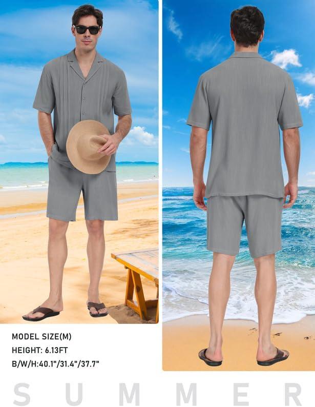 imageMoFiz Mens Linen Sets 2 Pieces Summer Vacation Party Beach Outfits Short Sleeve Button Down Shirts and Pants SetBlight Grey