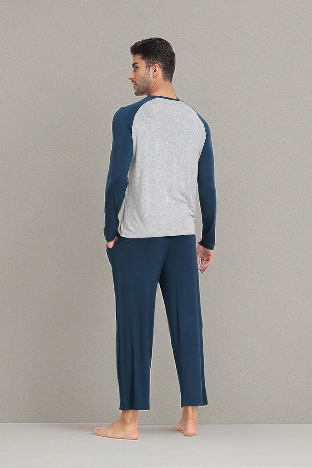 imageMoFiz Mens Pajama Sets Comfy Long Sleeve Sleepwear Top Solid Pyjama Pants with Pocket 2 Piece Loungewear PJs Sets for MenBlue Grey