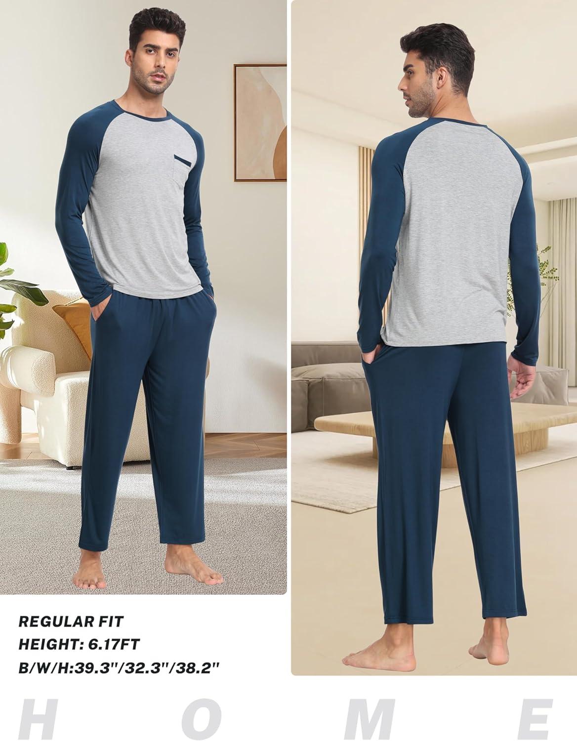 imageMoFiz Mens Pajama Sets Comfy Long Sleeve Sleepwear Top Solid Pyjama Pants with Pocket 2 Piece Loungewear PJs Sets for MenBlue Grey