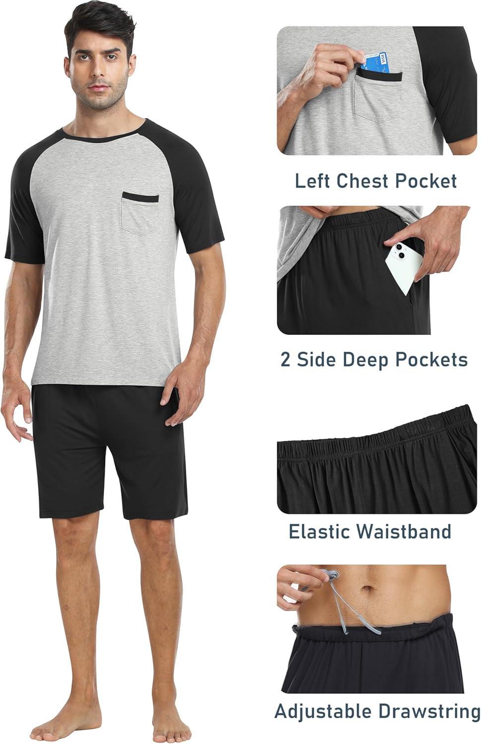 imageMoFiz Mens Pajamas Set Sleepwear Sleep Shirt and Shorts Pajama Set Lightweight Soft Mens Pjs Lounge Set with PocketsBlack