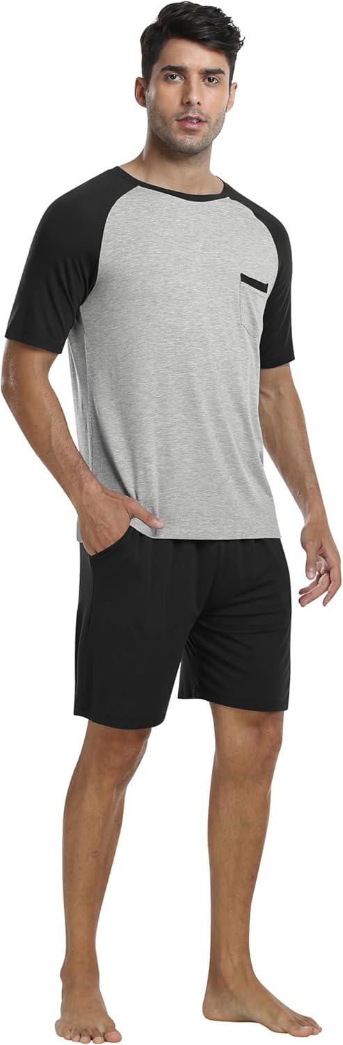 imageMoFiz Mens Pajamas Set Sleepwear Sleep Shirt and Shorts Pajama Set Lightweight Soft Mens Pjs Lounge Set with PocketsBlack
