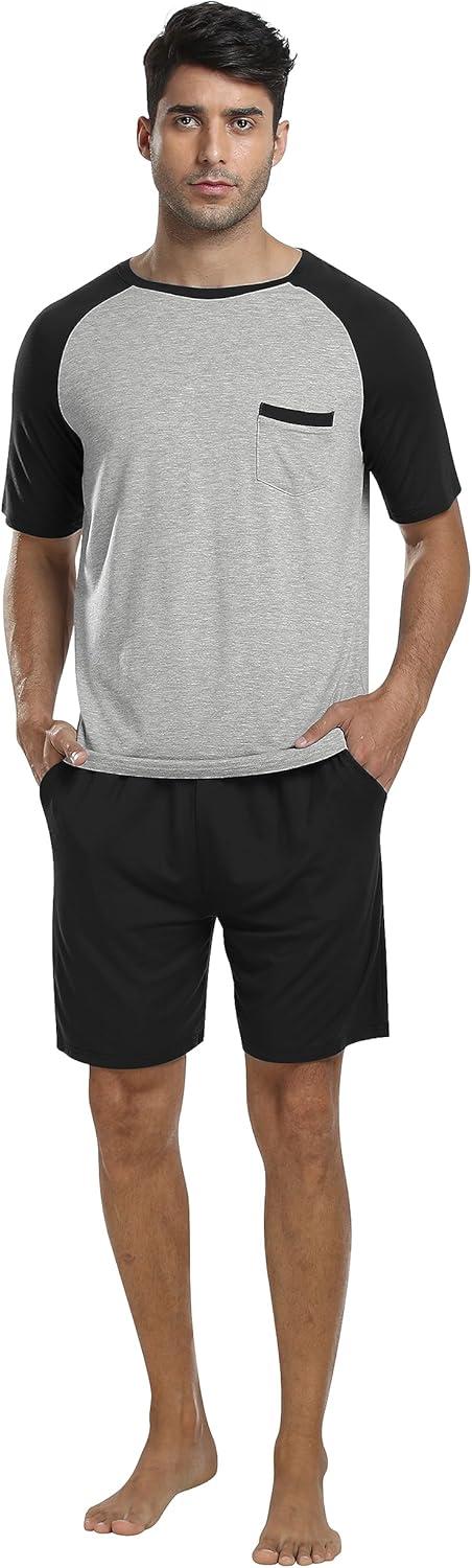 imageMoFiz Mens Pajamas Set Sleepwear Sleep Shirt and Shorts Pajama Set Lightweight Soft Mens Pjs Lounge Set with PocketsBlack