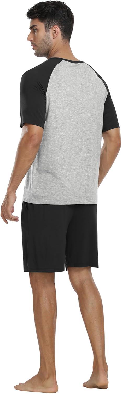 imageMoFiz Mens Pajamas Set Sleepwear Sleep Shirt and Shorts Pajama Set Lightweight Soft Mens Pjs Lounge Set with PocketsBlack