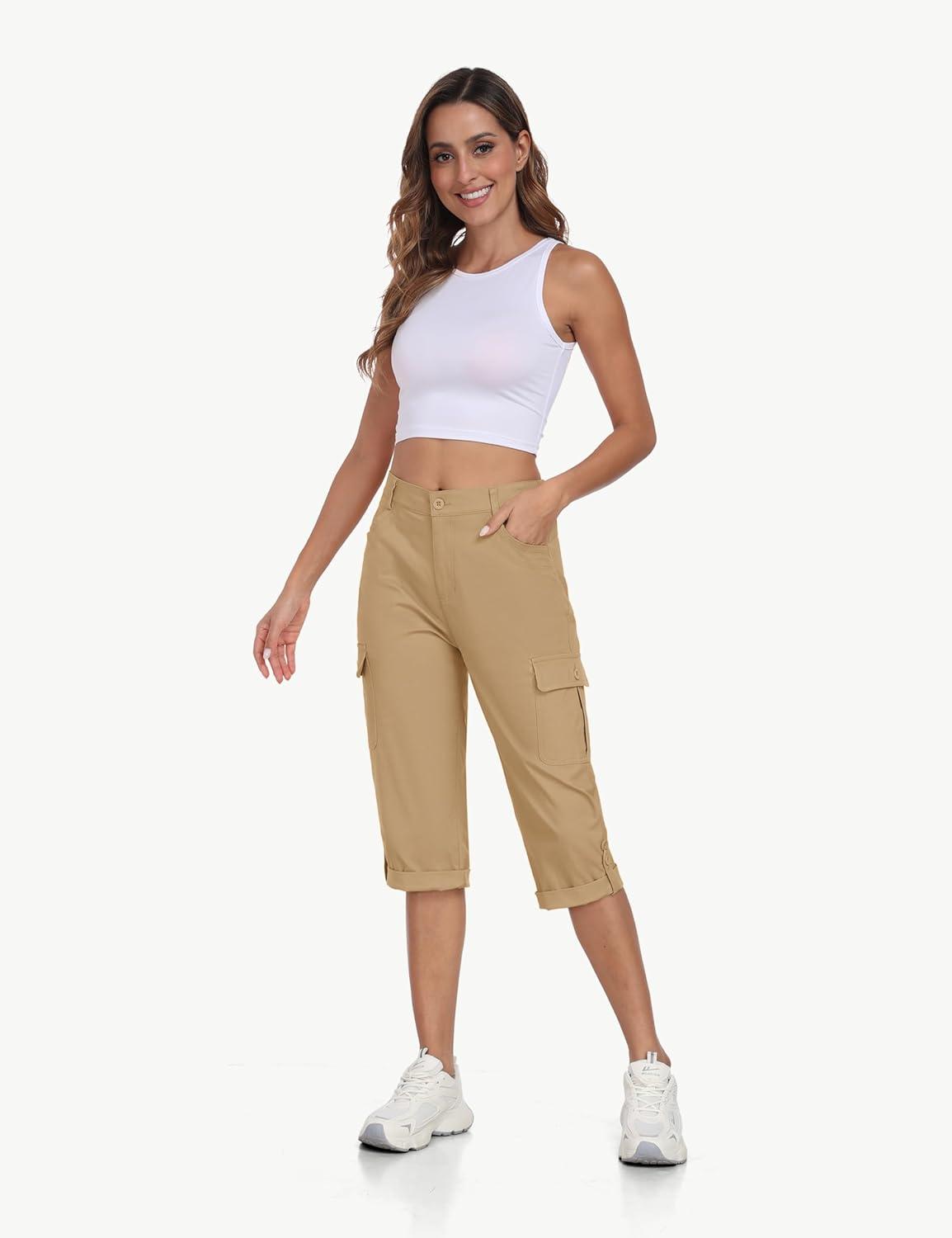 imageMoFiz Womens Cargo Capri Pants Cotton Roll up Convertible Capris Summer Casual Athletic Hiking Cropped Pants with PocketsAkhaki