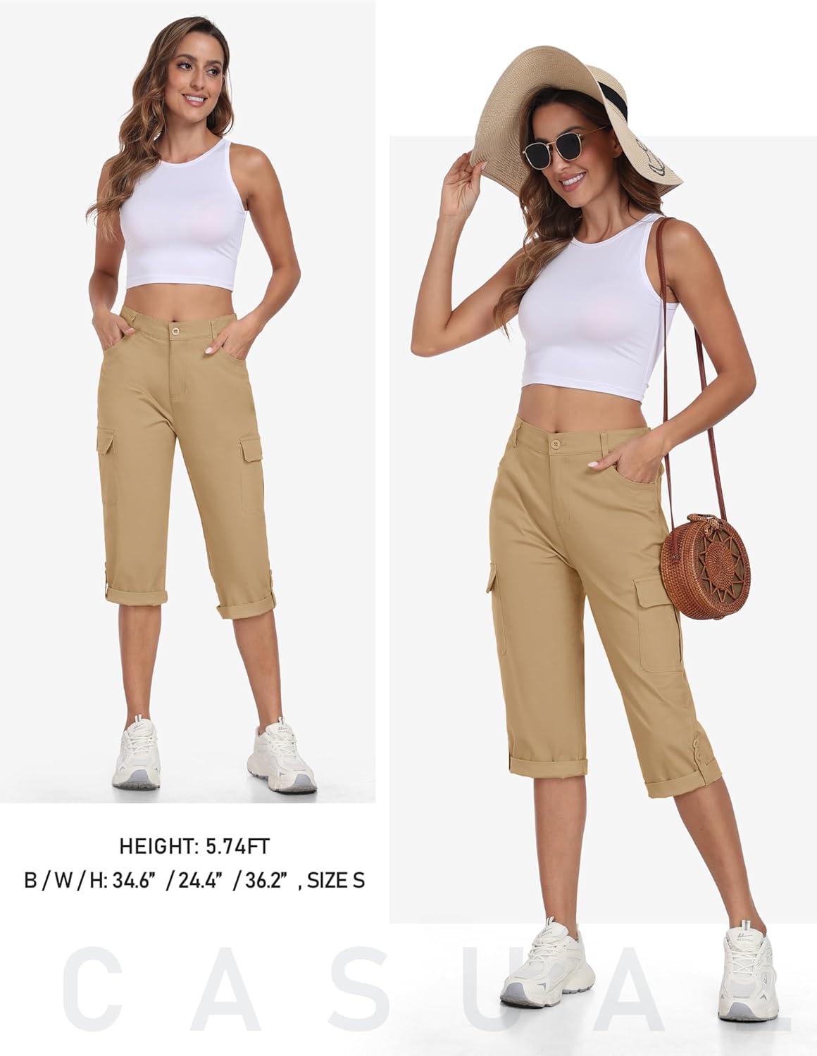 imageMoFiz Womens Cargo Capri Pants Cotton Roll up Convertible Capris Summer Casual Athletic Hiking Cropped Pants with PocketsAkhaki