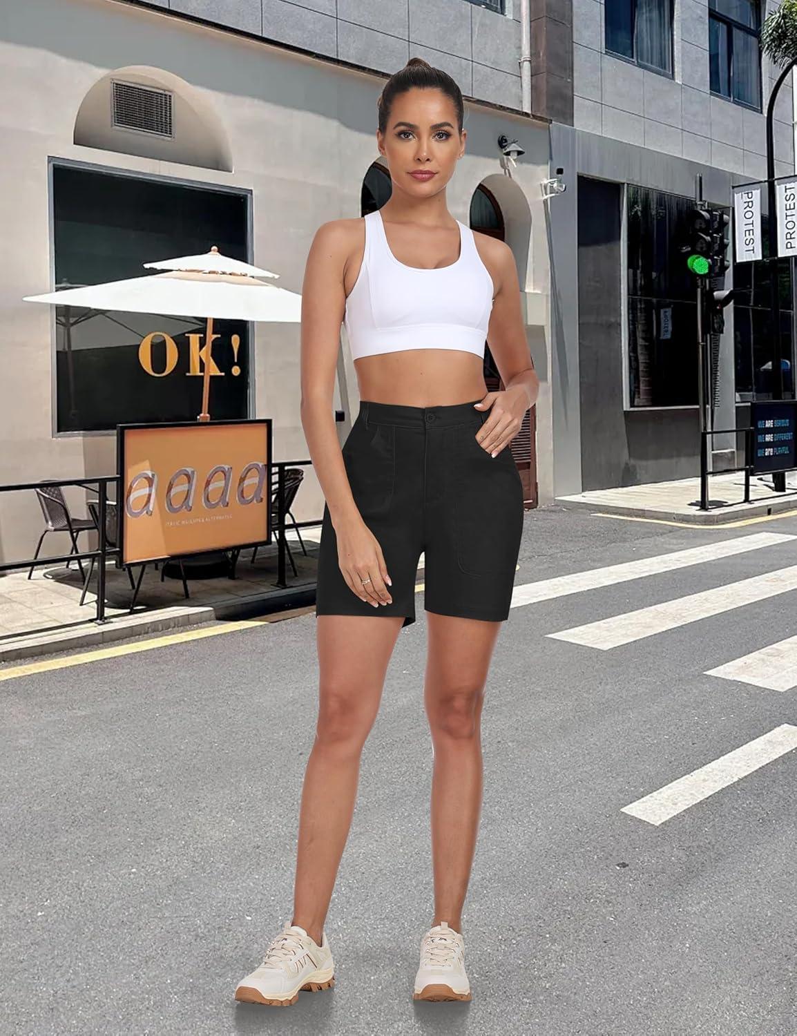 imageMoFiz Womens Cotton Bermuda Cargo Shorts 5quot Casual Summer Elastic Waist Trouser Shorts with PocketsBlack