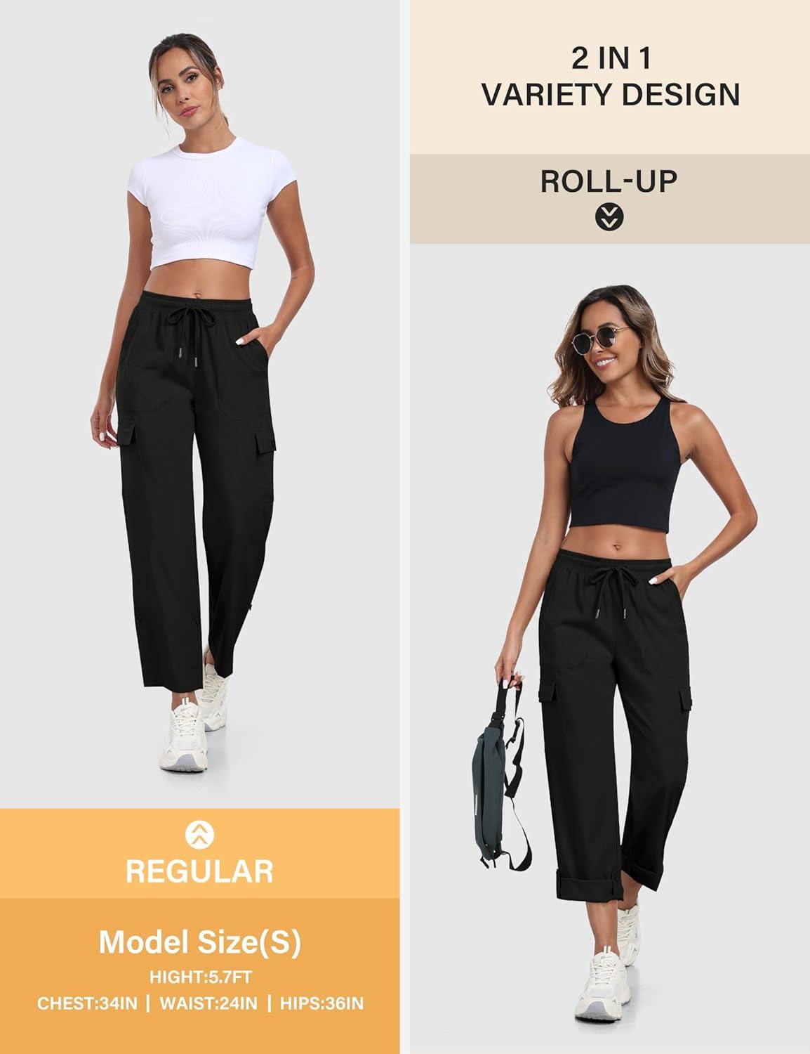 imageMoFiz Womens Hiking Pants Roll Up Convertible Capri Pant Lightweight Quick Dry Outdoor Travel Athletic Pants Pockets Black XL