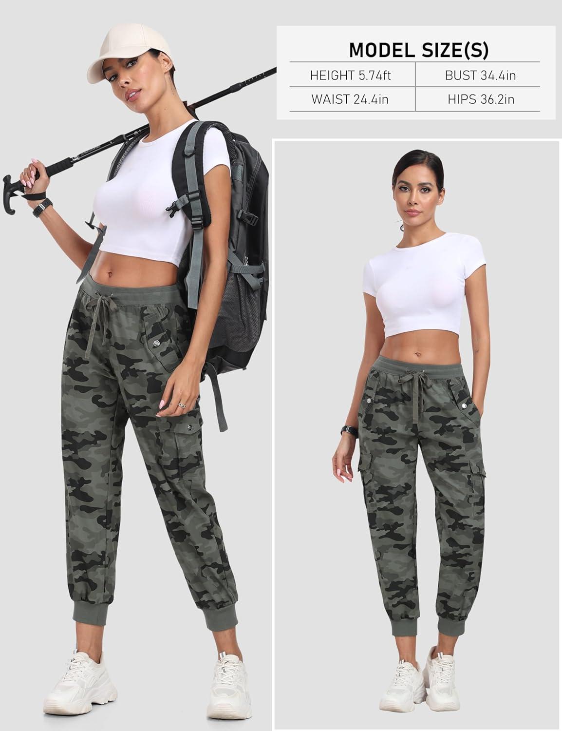 imageMoFiz Womens Outdoor Cargo Pants Lightweight Joggers Elastic Waist Athletic Hiking Sweatpants Casual Travel Pant with PocketCamouflage Green