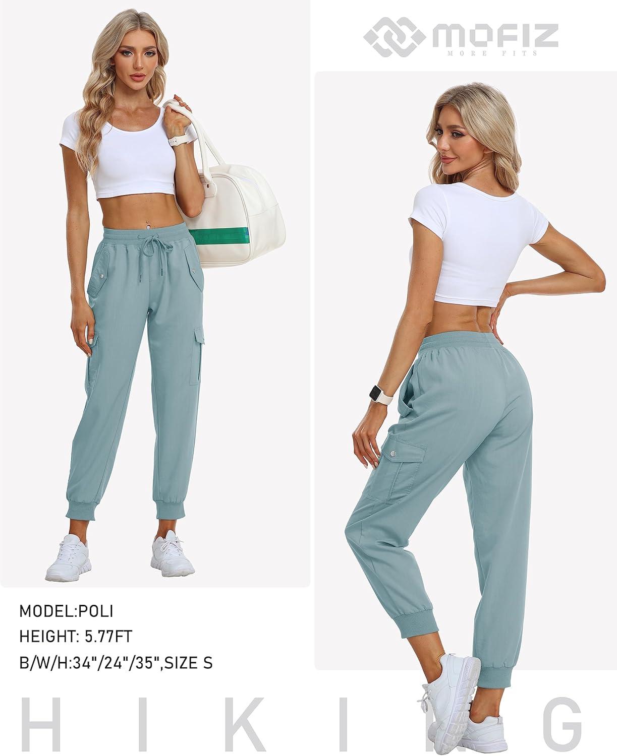 imageMoFiz Womens Outdoor Cargo Pants Lightweight Joggers Elastic Waist Athletic Hiking Sweatpants Casual Travel Pant with PocketDusty Blue
