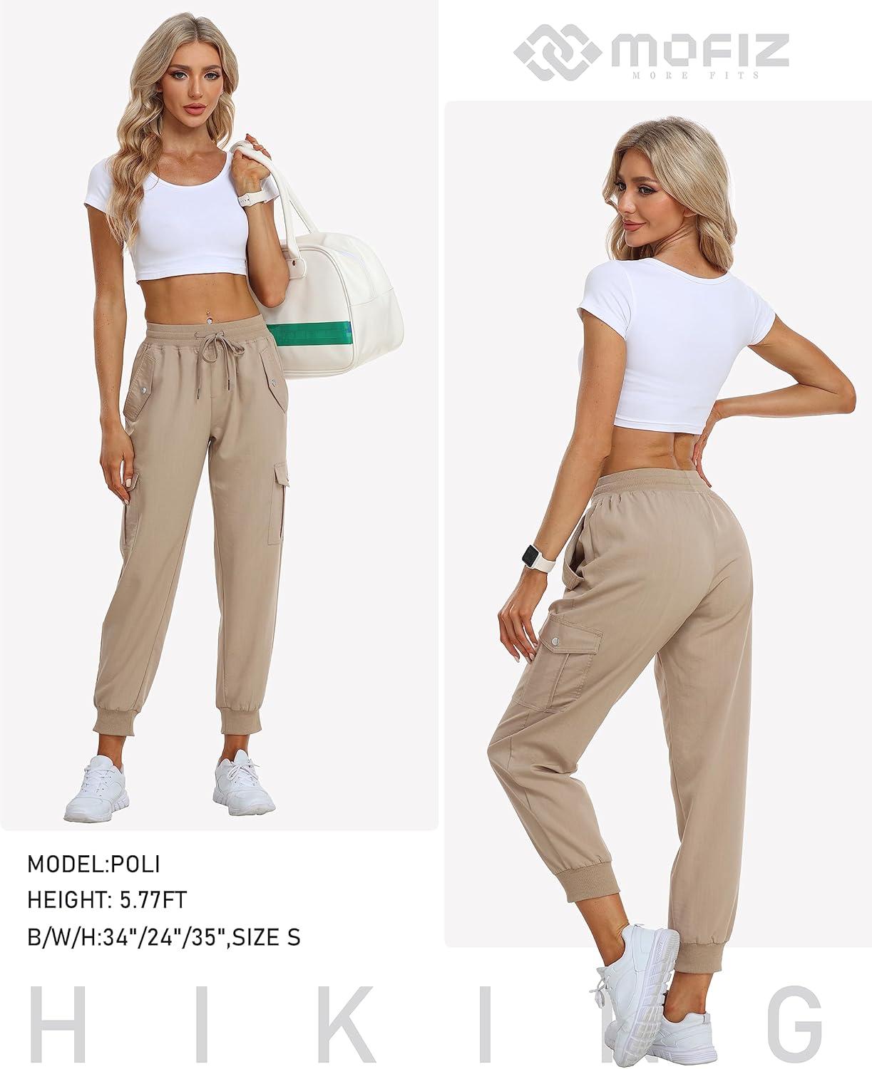 imageMoFiz Womens Outdoor Cargo Pants Lightweight Joggers Elastic Waist Athletic Hiking Sweatpants Casual Travel Pant with PocketKhaki