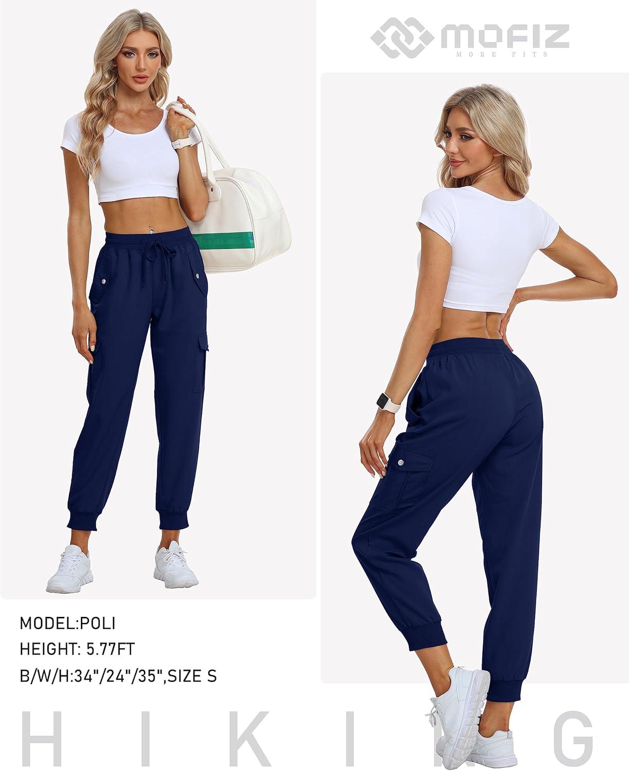 imageMoFiz Womens Outdoor Cargo Pants Lightweight Joggers Elastic Waist Athletic Hiking Sweatpants Casual Travel Pant with PocketNavy