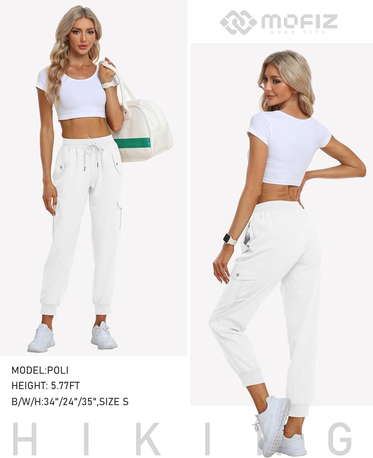 imageMoFiz Womens Outdoor Cargo Pants Lightweight Joggers Elastic Waist Athletic Hiking Sweatpants Casual Travel Pant with PocketWhite