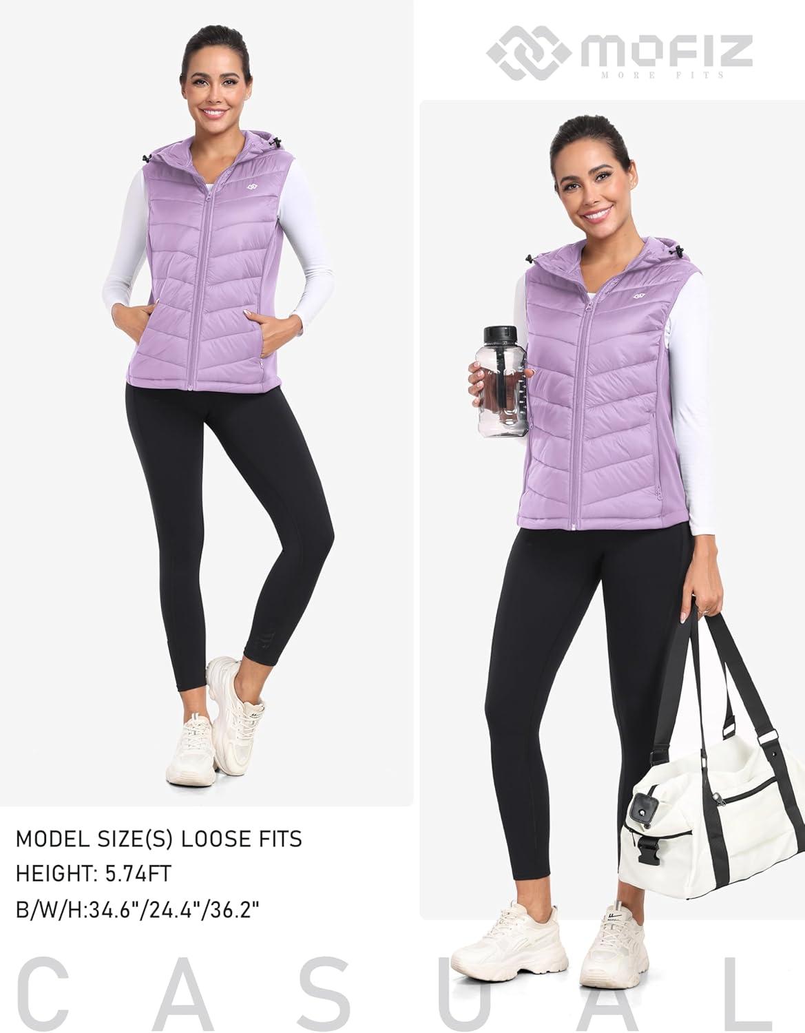 imageMoFiz Womens Puffer Softshell Vest Hooded Lightweight Insulated Hybrid Down Jacket Full Zip Running VestPurple