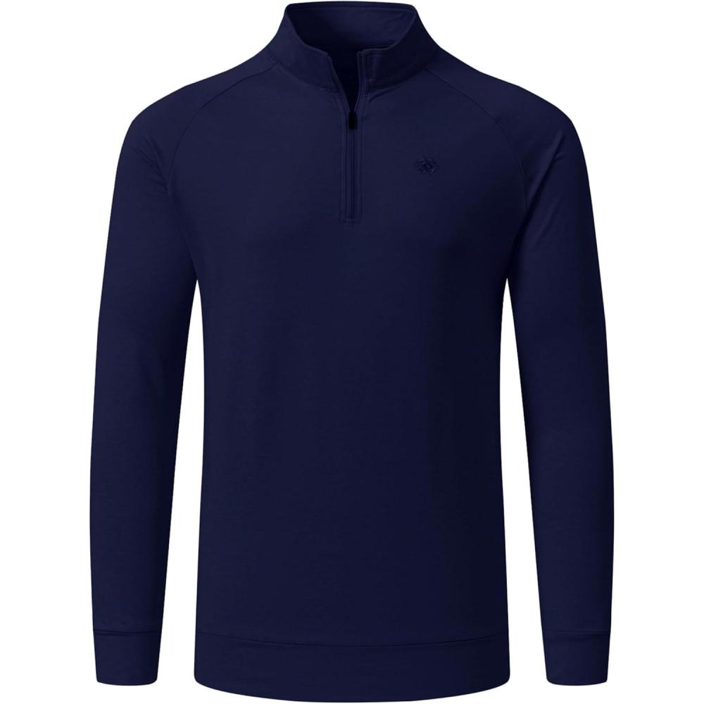 imageJINSHI Mens Long Sleeve Quarter Zip Pullover Stand Collar Active Golf Polo Shirt 14 Zipper Fleece Lining Workout TopNavy