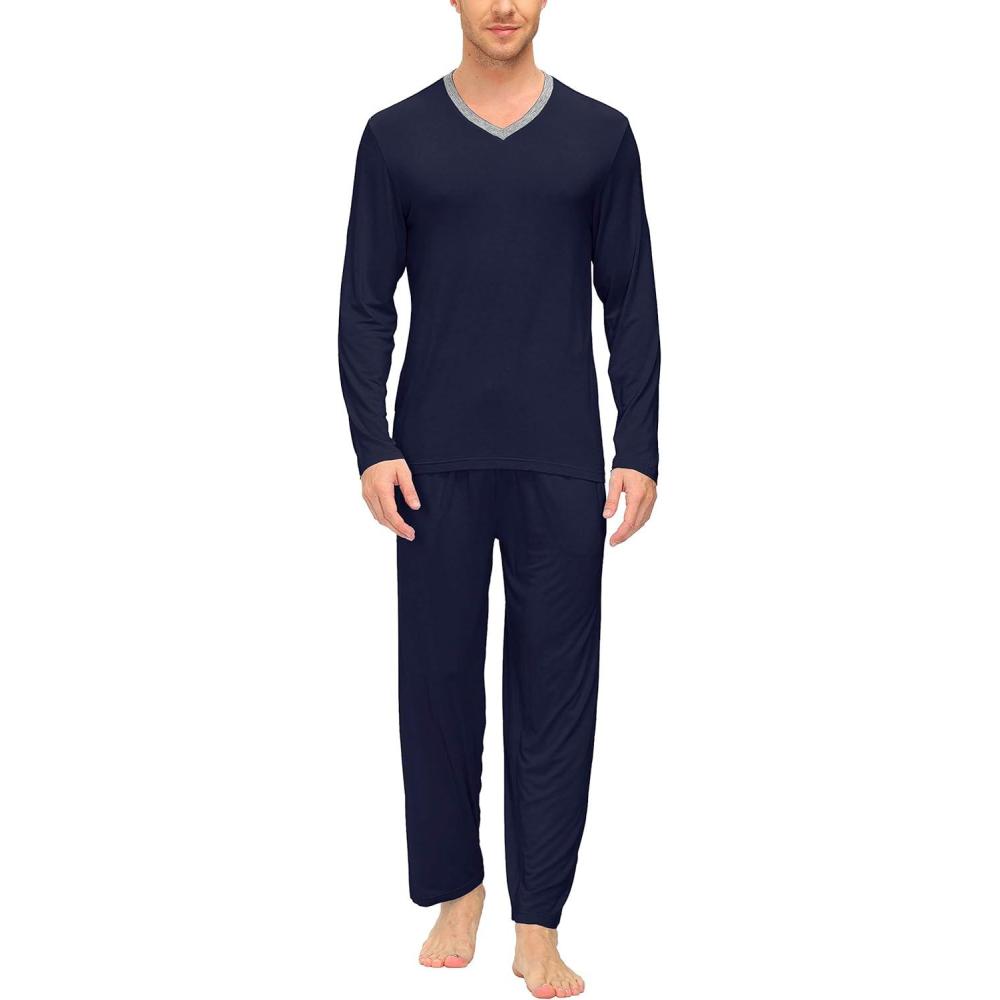 imageJINSHI Mens Pajama Sets Sleepwear Nightwear Lightweight Quick Dry Soft 2 Piece Long Sleeve Mens Loungewear Sets with PocketA2navy