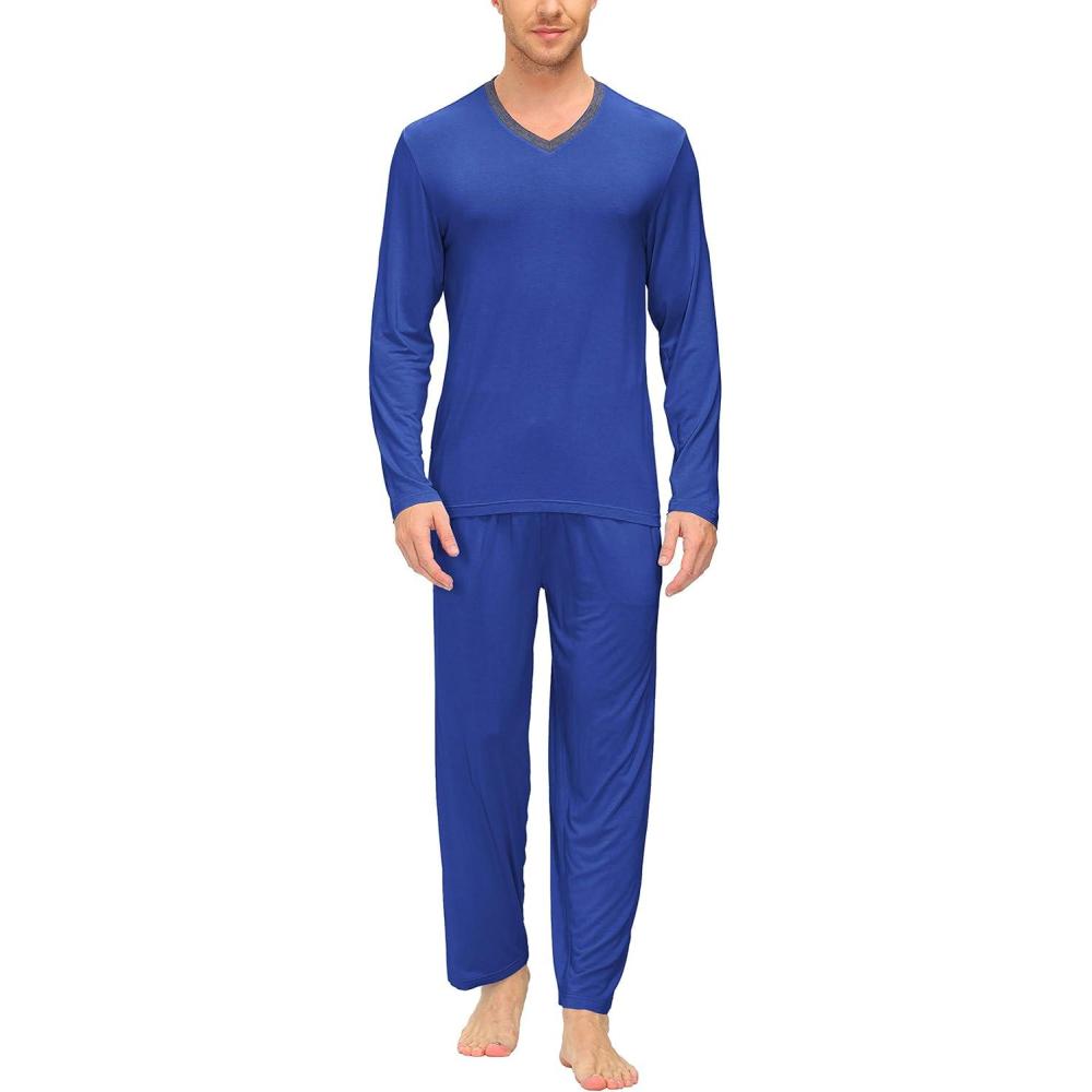 imageJINSHI Mens Pajama Sets Sleepwear Nightwear Lightweight Quick Dry Soft 2 Piece Long Sleeve Mens Loungewear Sets with PocketA4deep Blue
