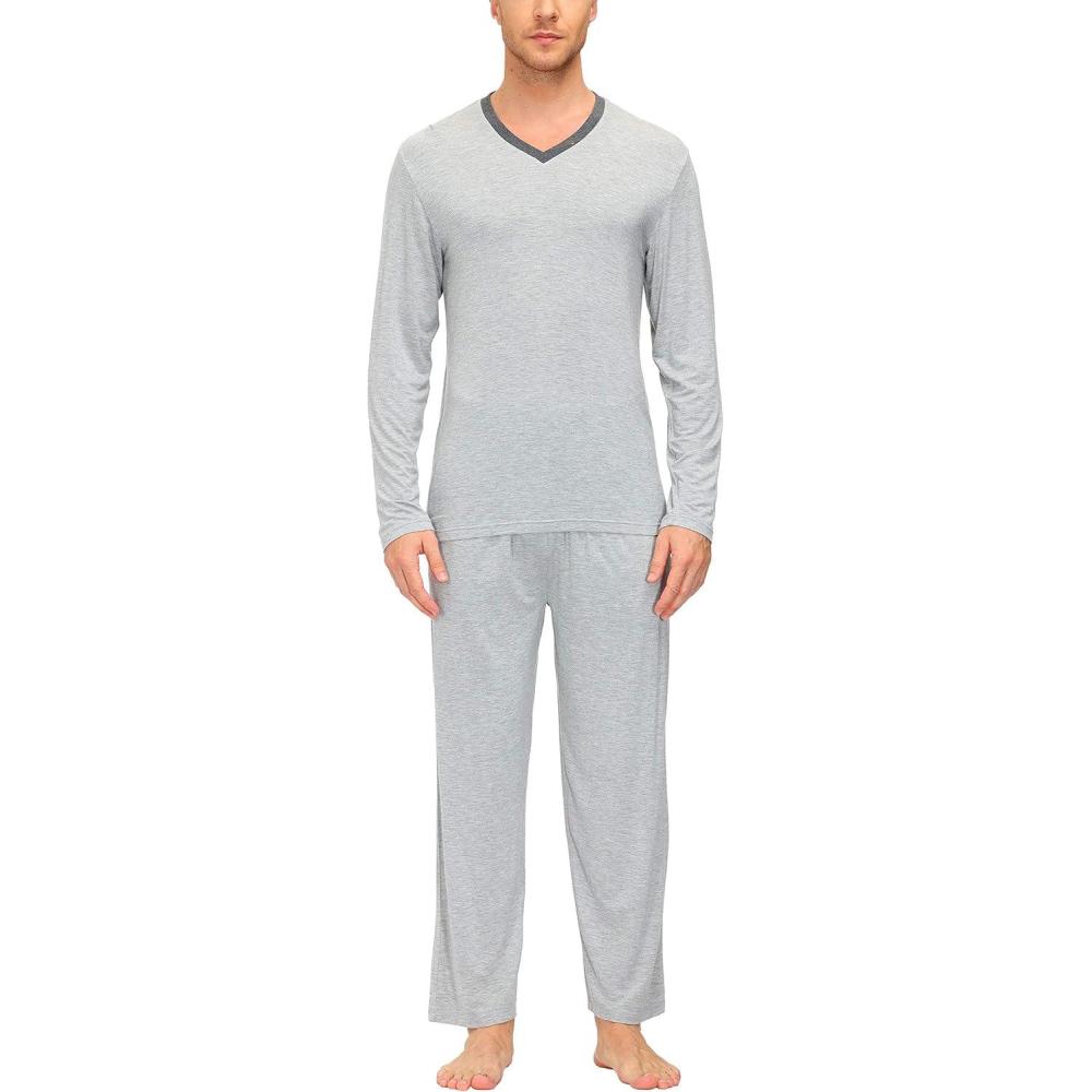 imageJINSHI Mens Pajama Sets Sleepwear Nightwear Lightweight Quick Dry Soft 2 Piece Long Sleeve Mens Loungewear Sets with PocketA5light Grey