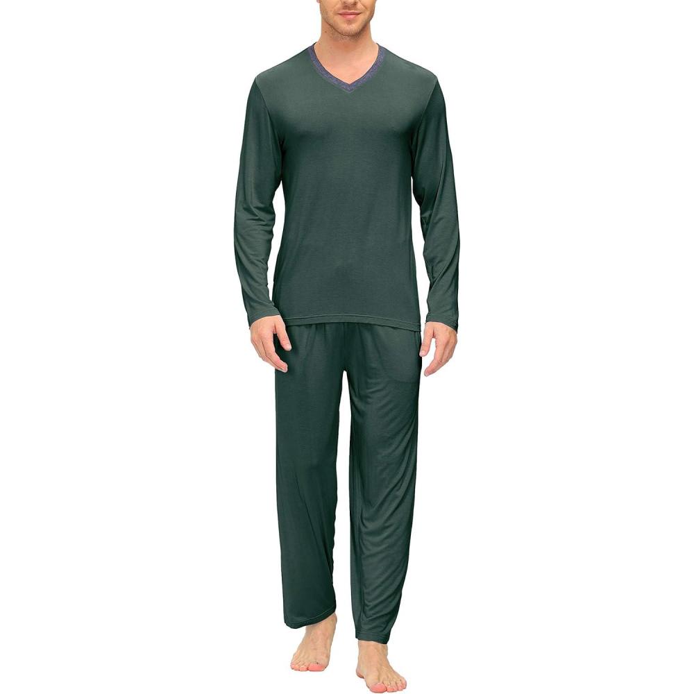 imageJINSHI Mens Pajama Sets Sleepwear Nightwear Lightweight Quick Dry Soft 2 Piece Long Sleeve Mens Loungewear Sets with PocketA8dark Green