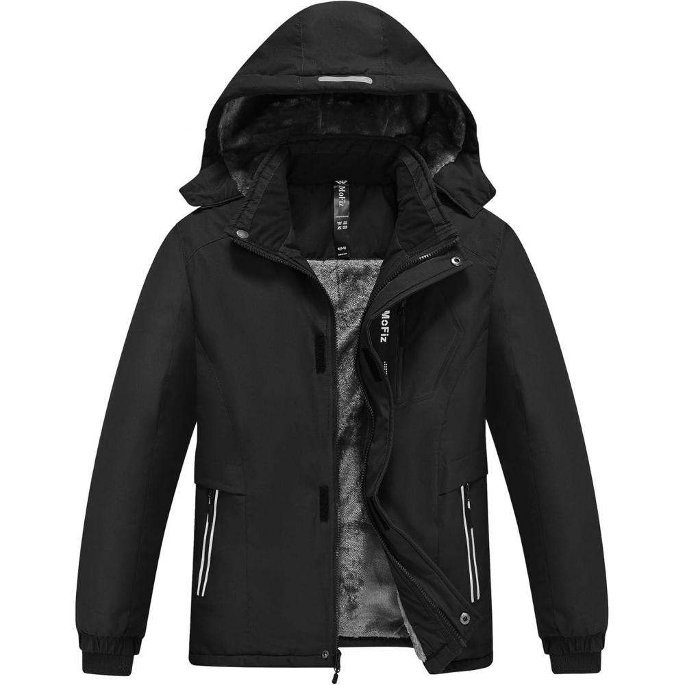 imageMoFiz Boys Waterproof Skiing Jacket Kids Hooded Fleece Winter Snowboard Jackets Windproof Warm Outerwear with Zip PocketsBlack