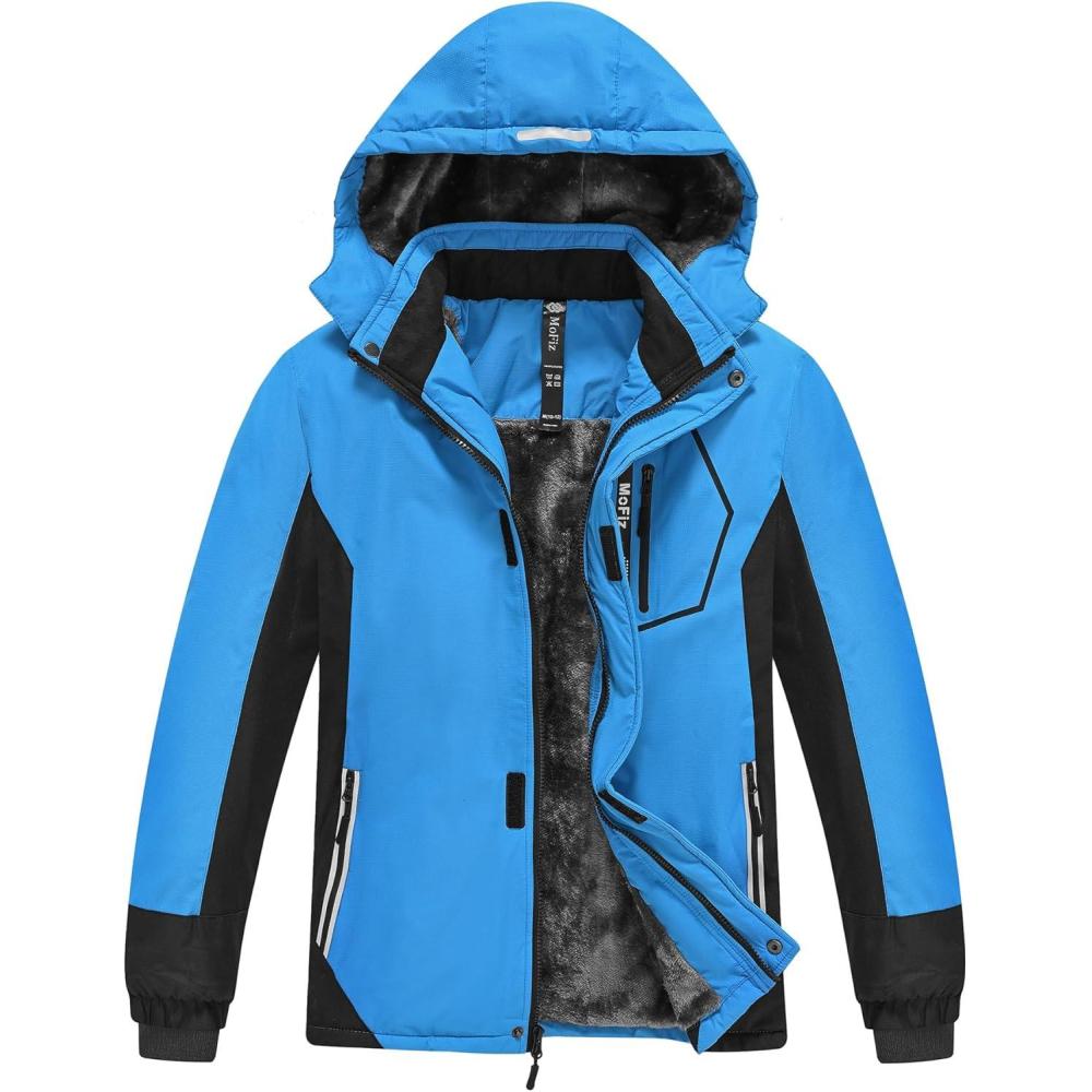 imageMoFiz Boys Waterproof Skiing Jacket Kids Hooded Fleece Winter Snowboard Jackets Windproof Warm Outerwear with Zip PocketsBlue and Black