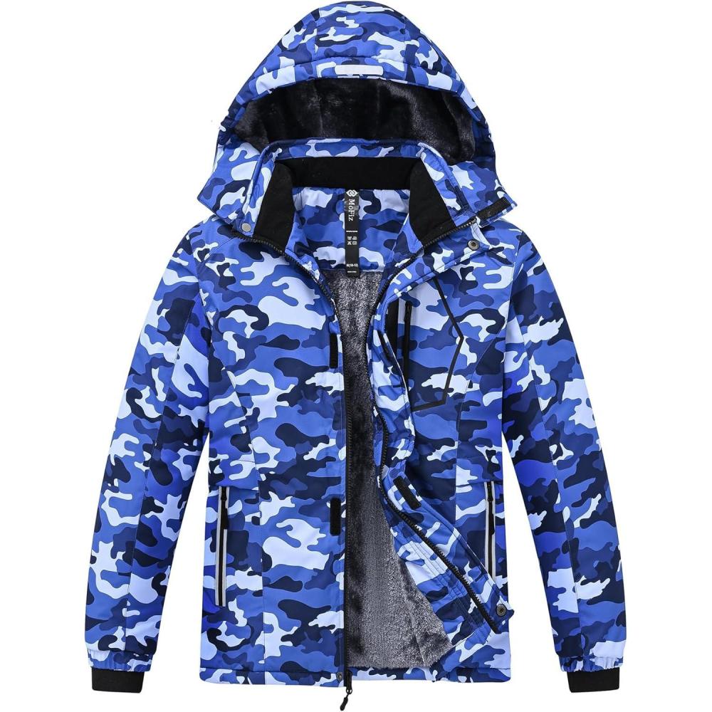 imageMoFiz Boys Waterproof Skiing Jacket Kids Hooded Fleece Winter Snowboard Jackets Windproof Warm Outerwear with Zip PocketsPrint Blue