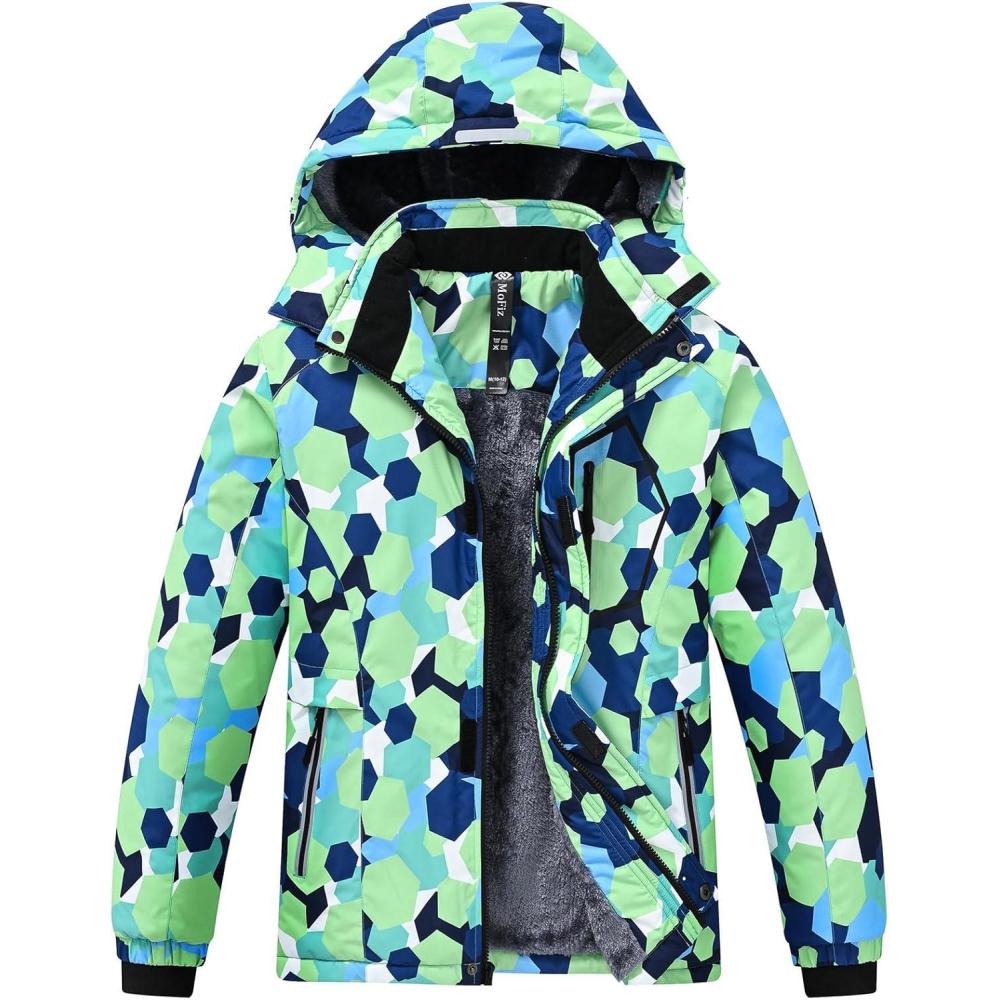 imageMoFiz Boys Waterproof Skiing Jacket Kids Hooded Fleece Winter Snowboard Jackets Windproof Warm Outerwear with Zip PocketsPrint Green