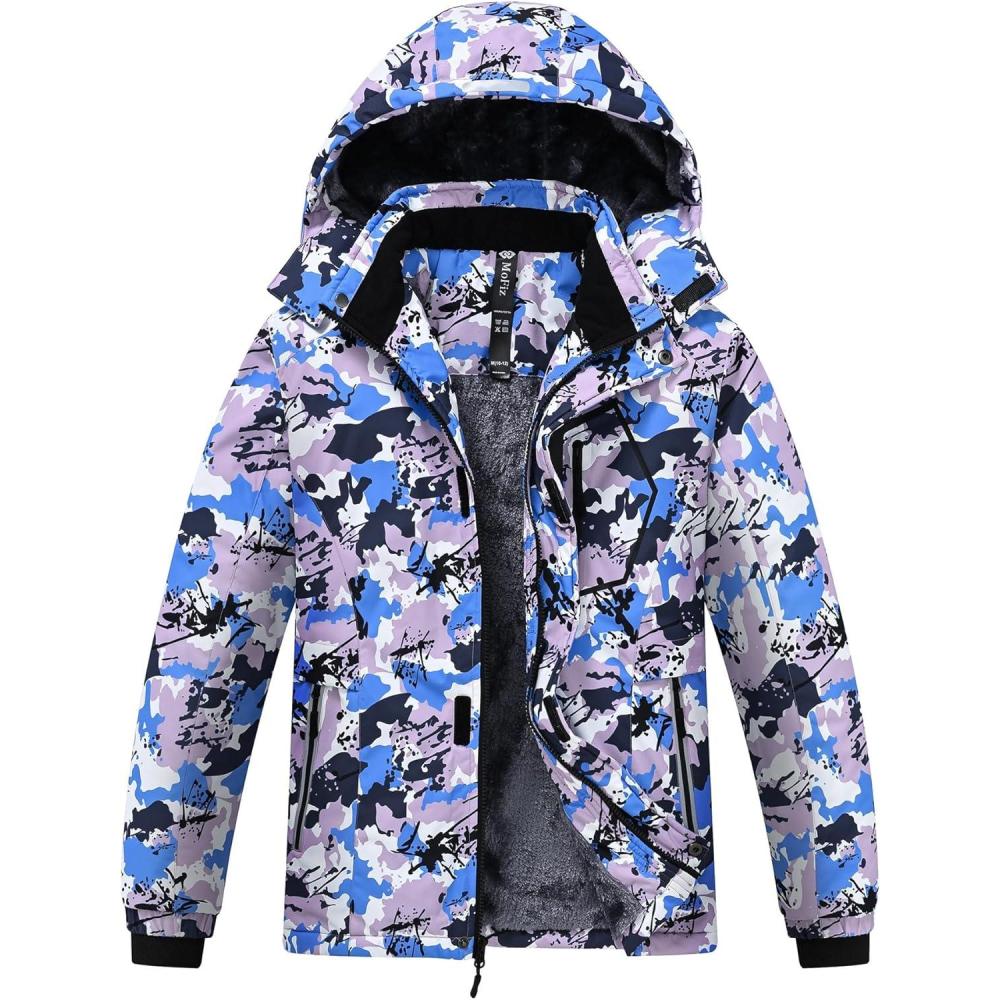 imageMoFiz Boys Waterproof Skiing Jacket Kids Hooded Fleece Winter Snowboard Jackets Windproof Warm Outerwear with Zip PocketsPrint Purple