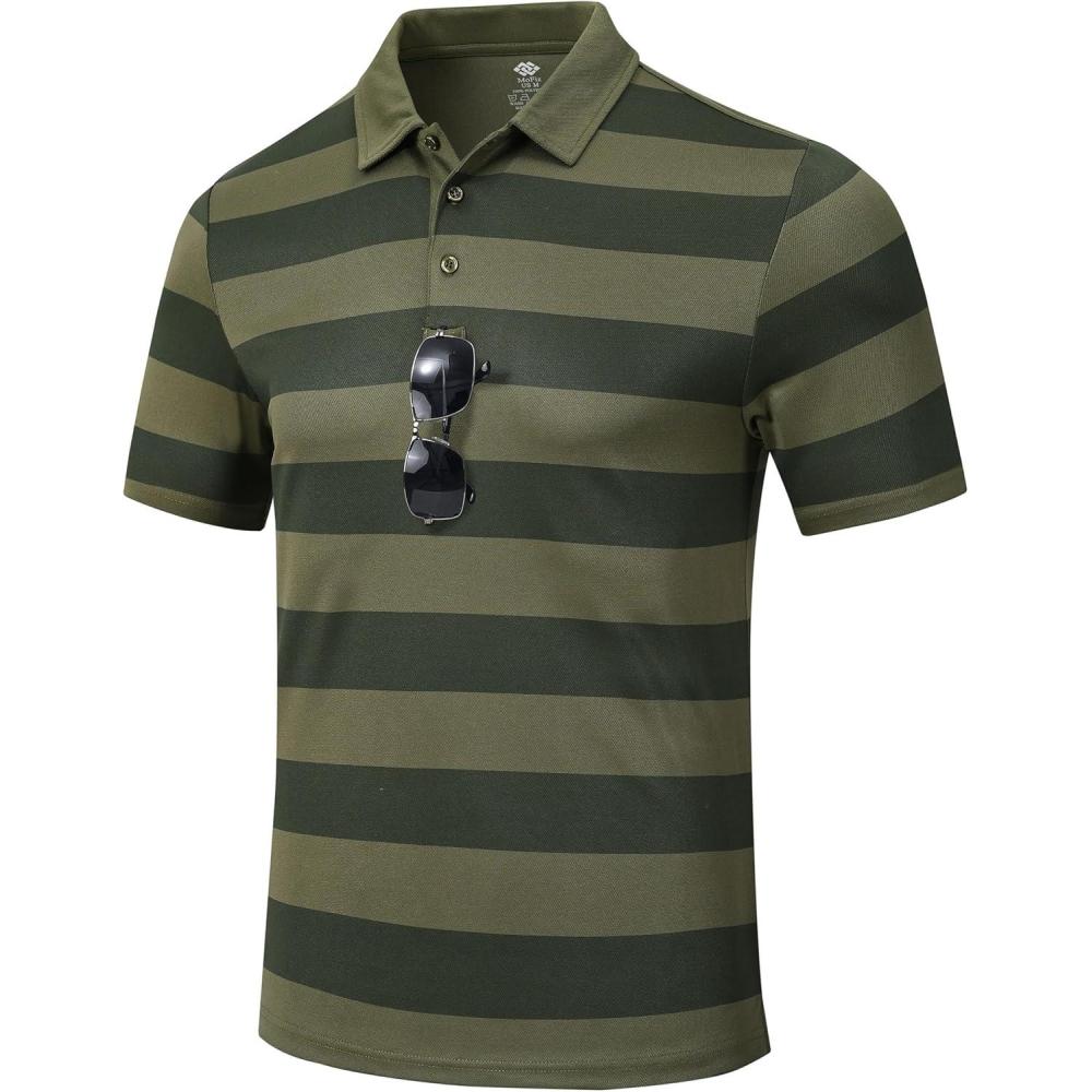 imageMoFiz Mens Camo Polo Golf Shirts Lightweight Dry Fit Pique Short Sleeve Collared Hiking TShirts Dry fit ActivewearArmy Green Striped