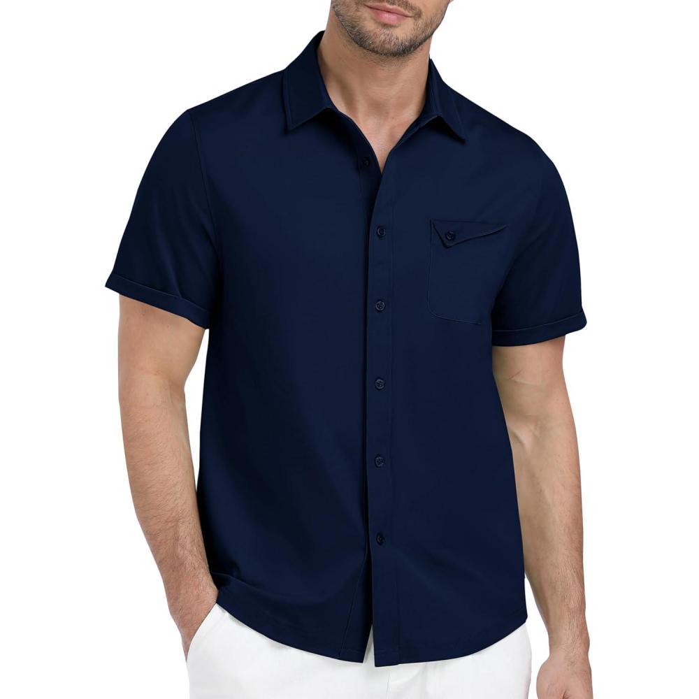 imageMoFiz Mens Casual Button Down Shirt Short Sleeve Strech Wrinkle Free Dress ShirtsNavy Blue