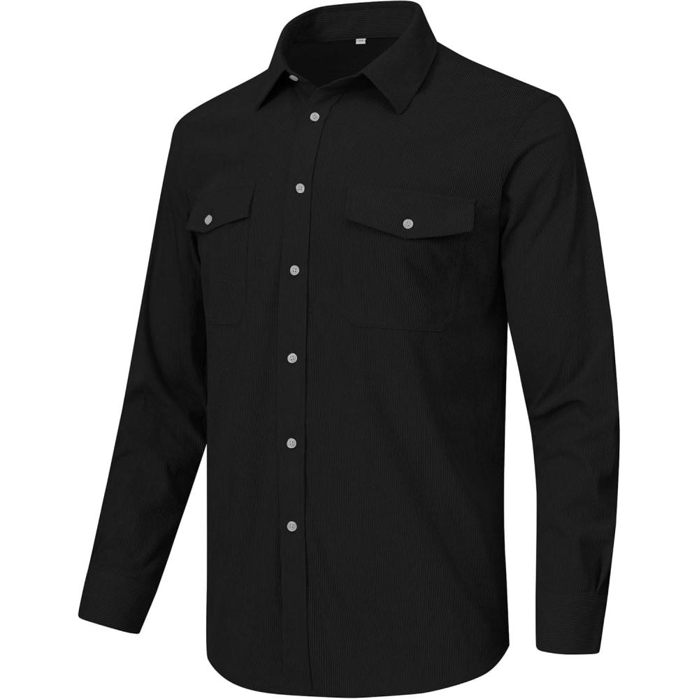 imageMoFiz Mens Corduroy Shirts Casual Lightweight Jacket Long Sleeve Button Down Shacket Jackets with PocketBlack