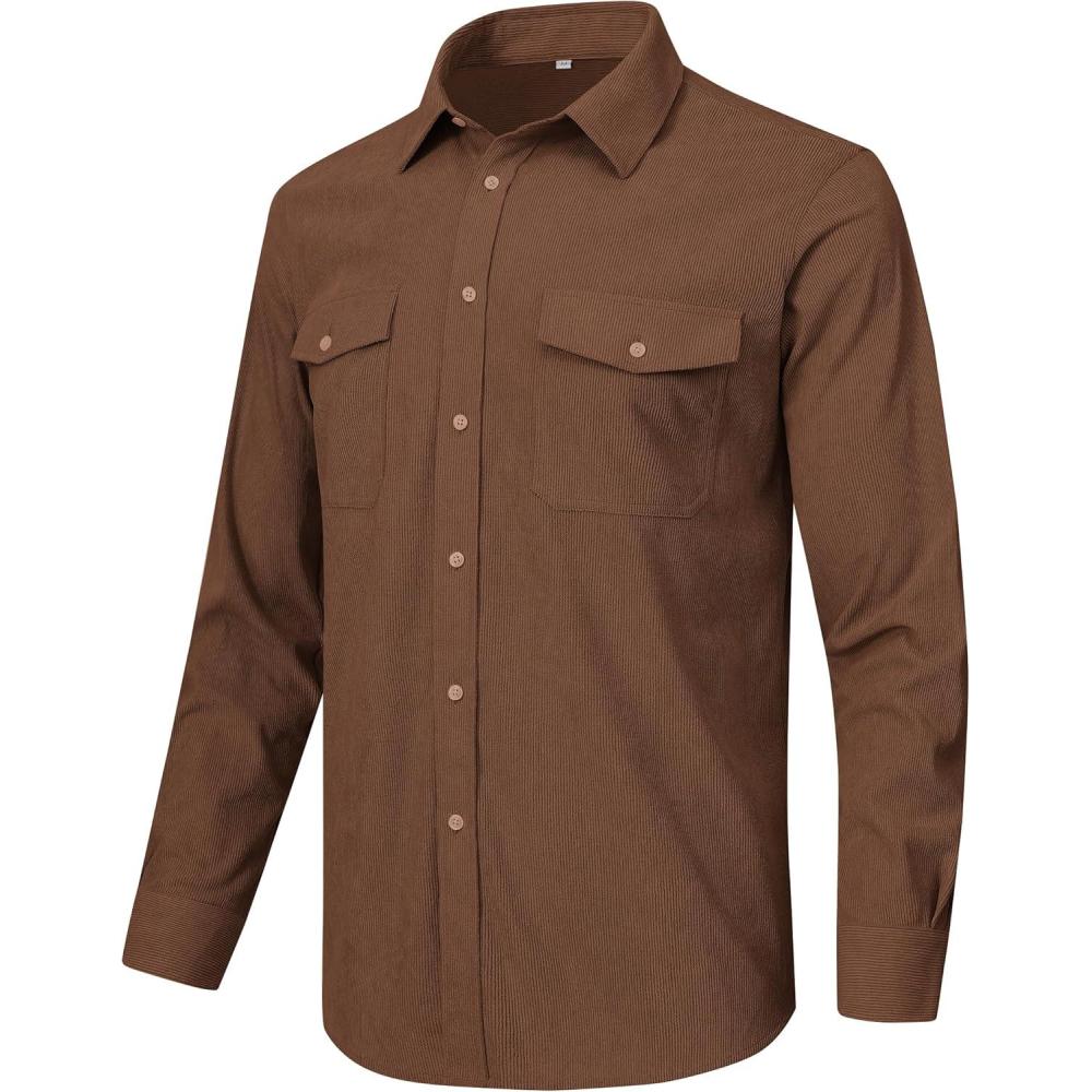 imageMoFiz Mens Corduroy Shirts Casual Lightweight Jacket Long Sleeve Button Down Shacket Jackets with PocketBrown