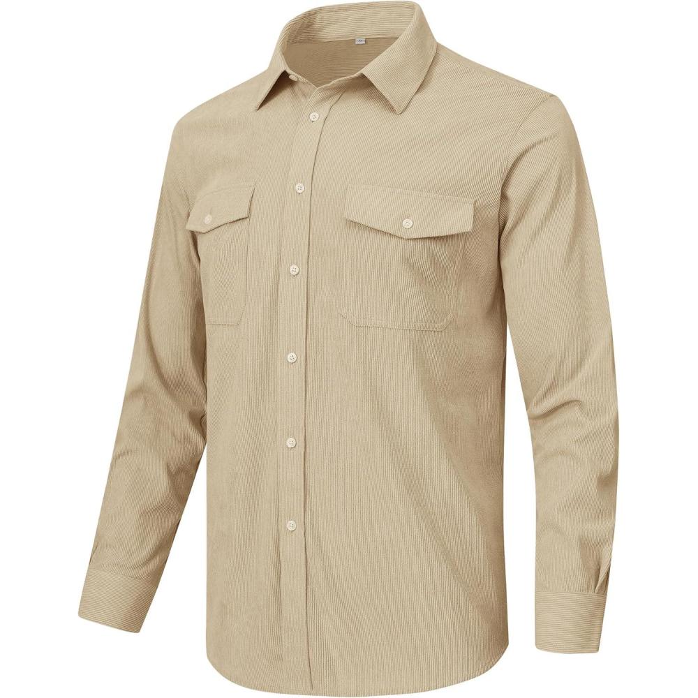 imageMoFiz Mens Corduroy Shirts Casual Lightweight Jacket Long Sleeve Button Down Shacket Jackets with PocketLight Khaki