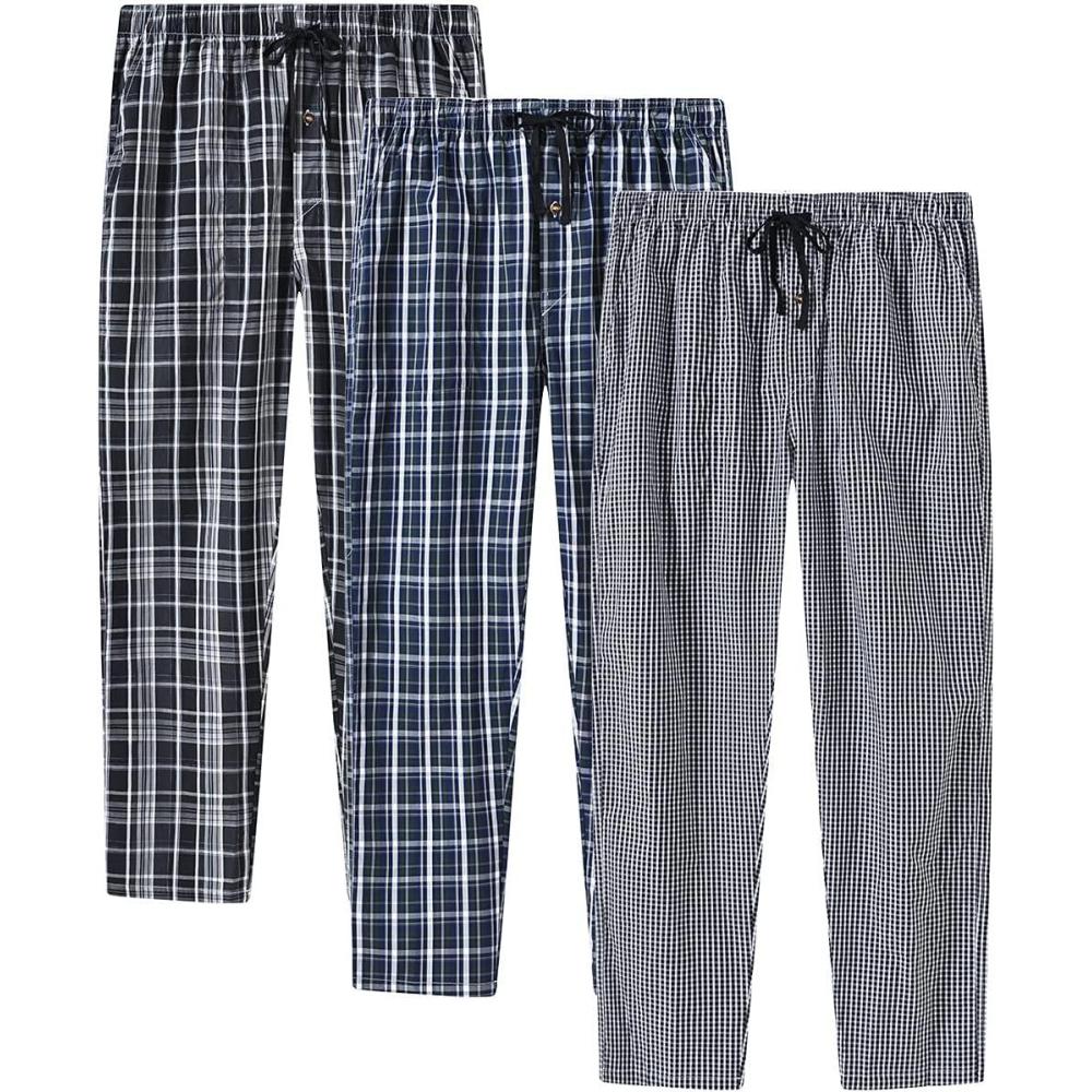 imageMoFiz Mens Cotton Pajama Pants Lightweight Lounge Sleep Plaid Bottoms with Pockets DrawstringB3 Pack