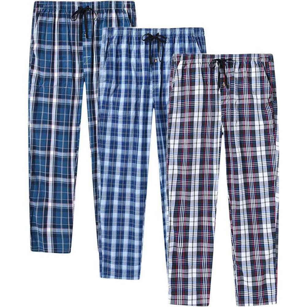 imageMoFiz Mens Cotton Pajama Pants Lightweight Lounge Sleep Plaid Bottoms with Pockets DrawstringC3 Pack