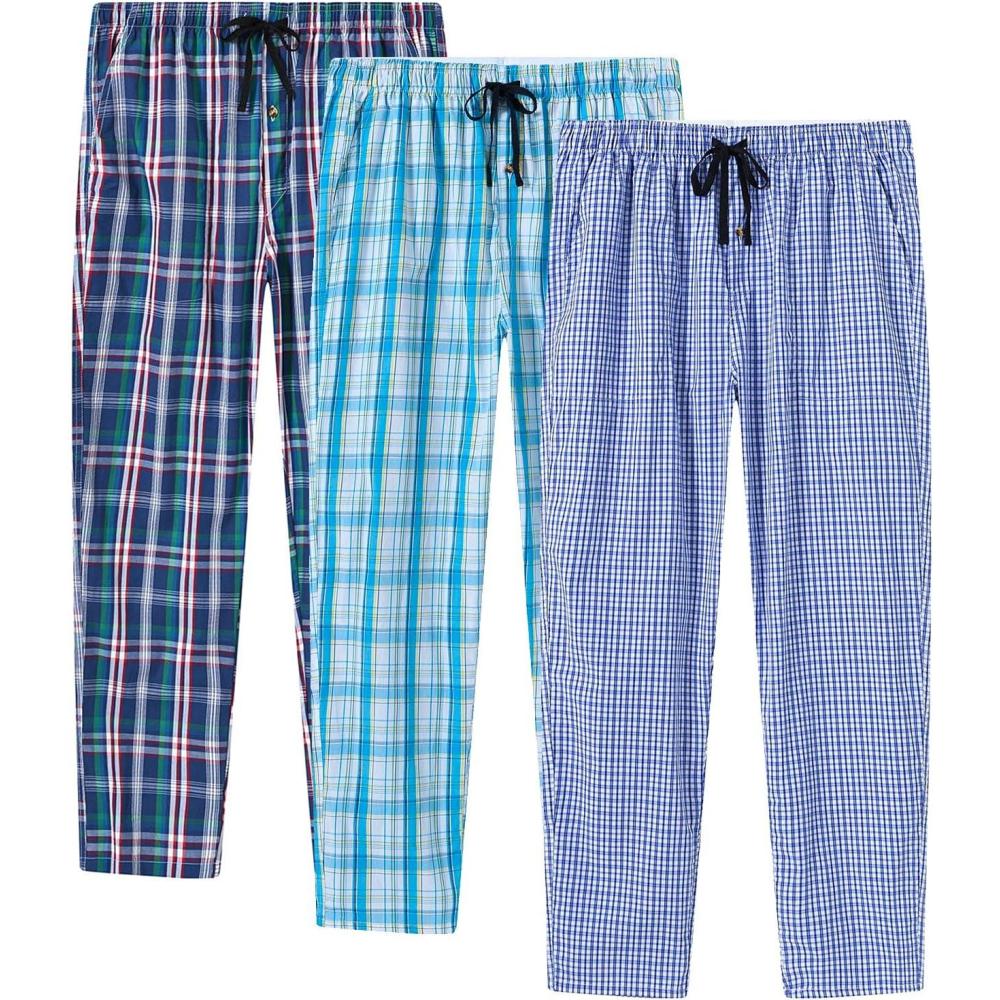 imageMoFiz Mens Cotton Pajama Pants Lightweight Lounge Sleep Plaid Bottoms with Pockets DrawstringD3 Pack