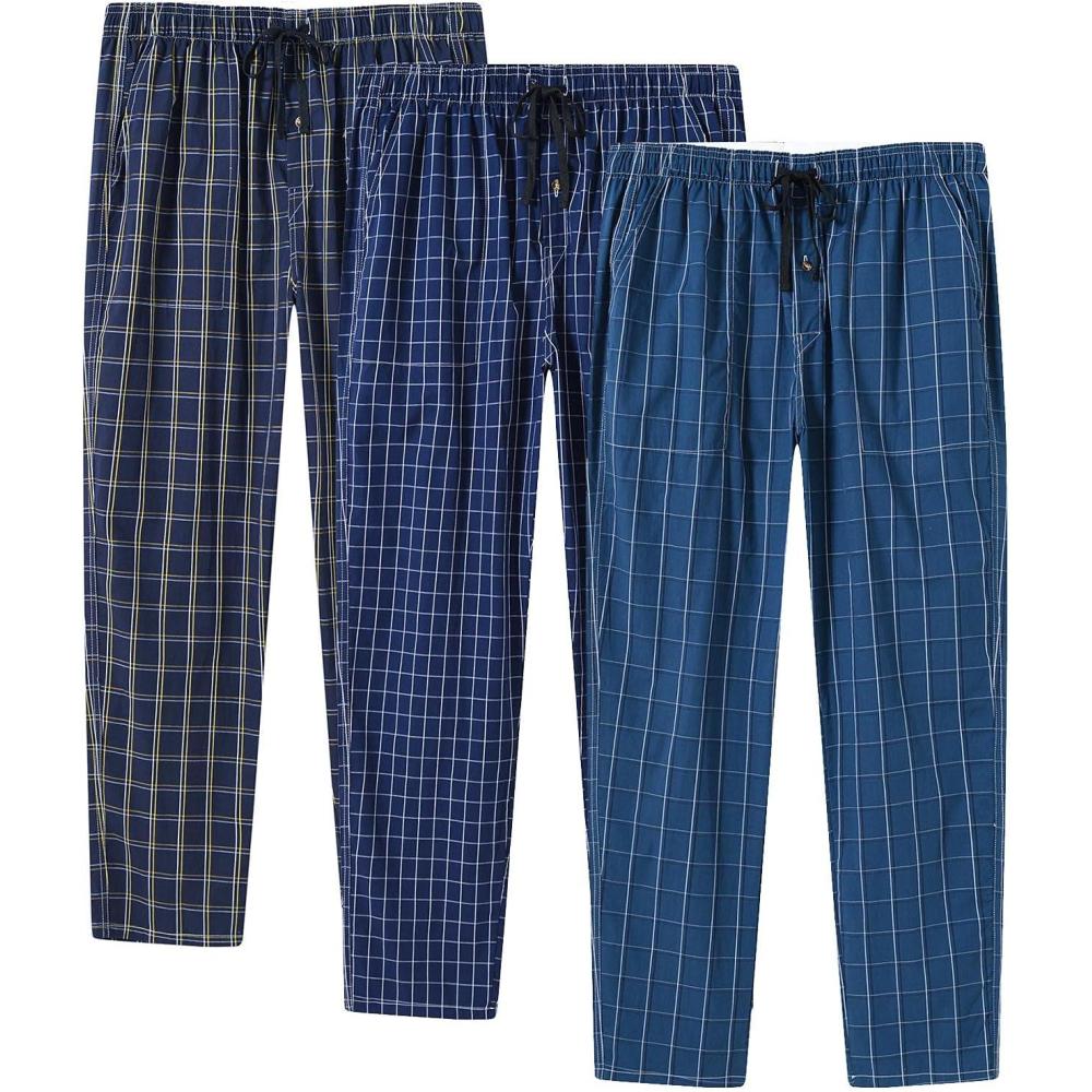 imageMoFiz Mens Cotton Pajama Pants Lightweight Lounge Sleep Plaid Bottoms with Pockets DrawstringE3 Pack