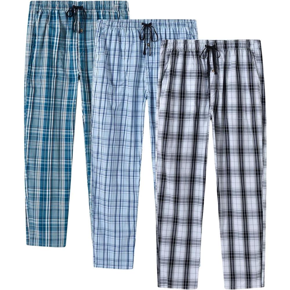 imageMoFiz Mens Cotton Pajama Pants Lightweight Lounge Sleep Plaid Bottoms with Pockets DrawstringF3 Pack