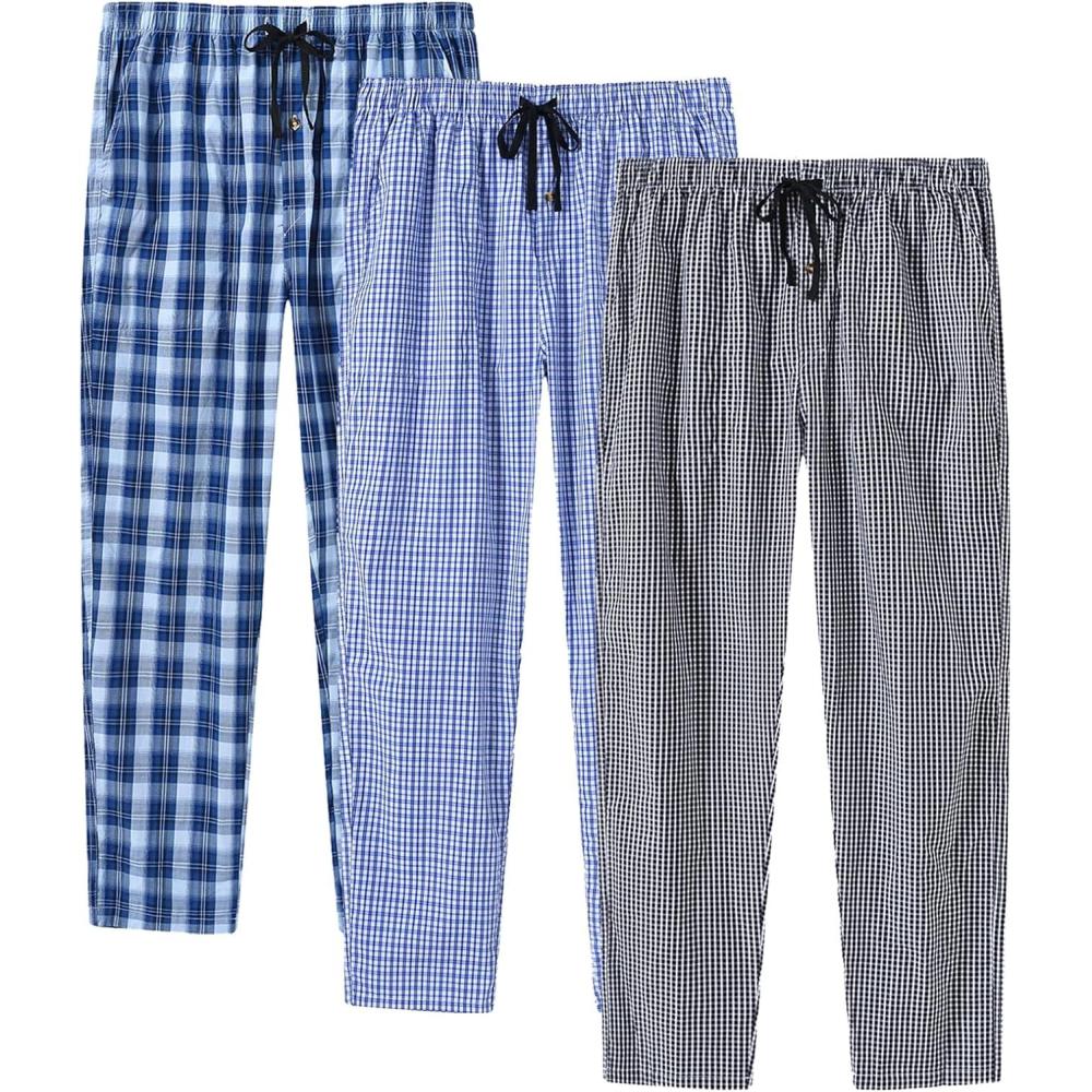 imageMoFiz Mens Cotton Pajama Pants Lightweight Lounge Sleep Plaid Bottoms with Pockets DrawstringG3 Pack