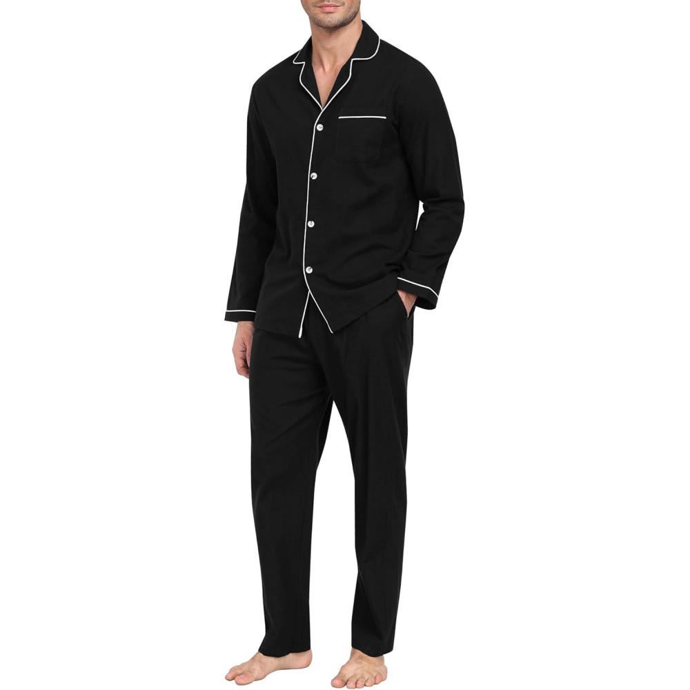 imageMoFiz Mens Cotton Pajamas Sets Sleepwear Long Sleeve Button Down Loungewear with Pants Soft Pjs Lounge Set with PocketsBlack