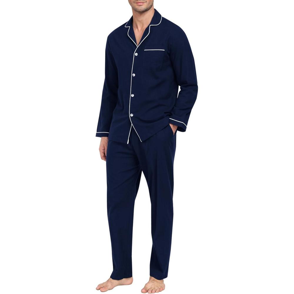 imageMoFiz Mens Cotton Pajamas Sets Sleepwear Long Sleeve Button Down Loungewear with Pants Soft Pjs Lounge Set with PocketsNavy Blue