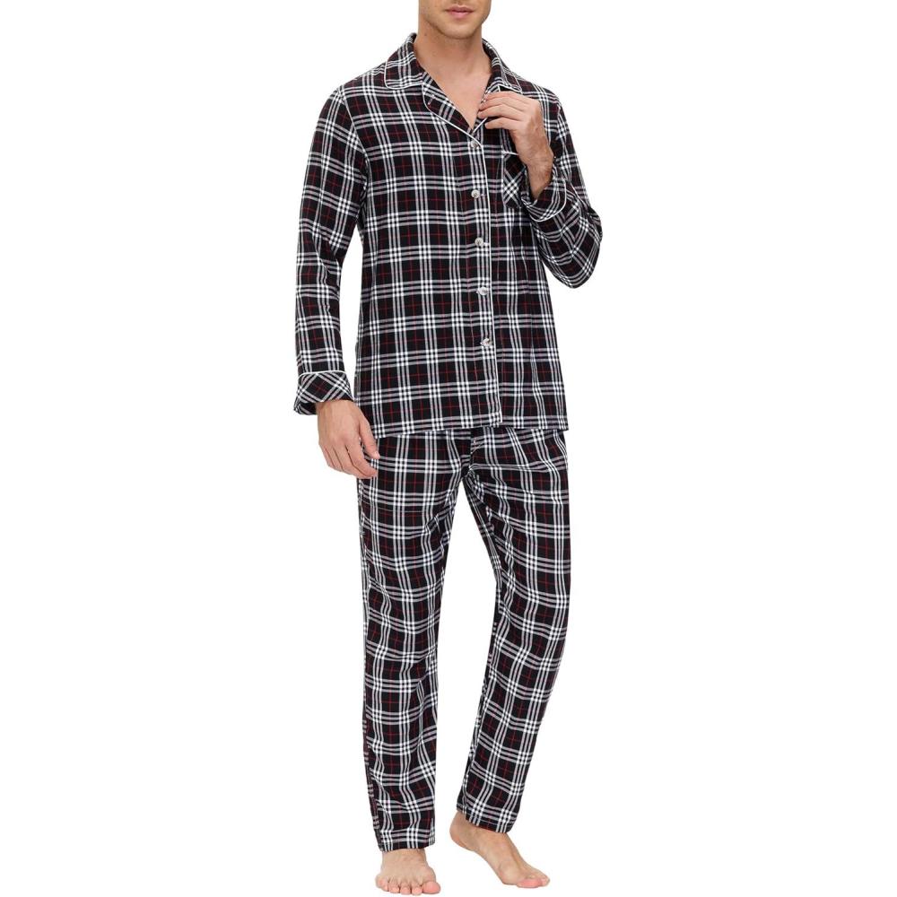 imageMoFiz Mens Cotton Pajamas Sets Sleepwear Long Sleeve Button Down Loungewear with Pants Soft Pjs Lounge Set with PocketsPlaid 55