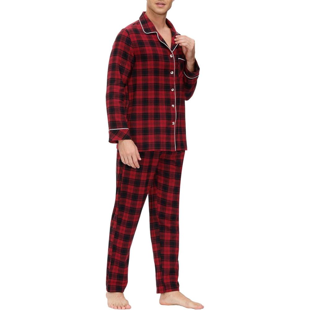 imageMoFiz Mens Cotton Pajamas Sets Sleepwear Long Sleeve Button Down Loungewear with Pants Soft Pjs Lounge Set with PocketsPlaid 58