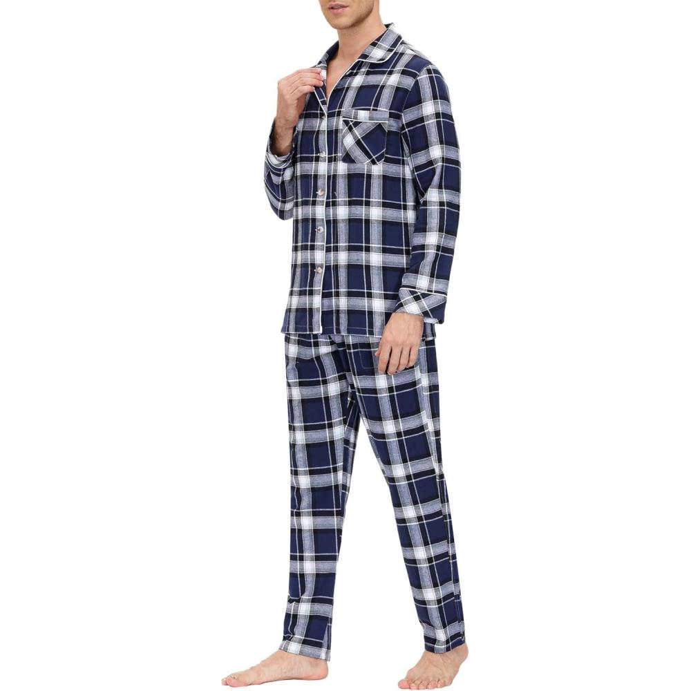imageMoFiz Mens Cotton Pajamas Sets Sleepwear Long Sleeve Button Down Loungewear with Pants Soft Pjs Lounge Set with PocketsPlaid 59