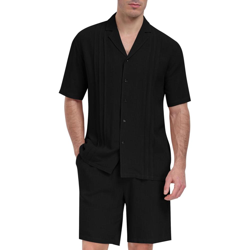 imageMoFiz Mens Linen Sets 2 Pieces Summer Vacation Party Beach Outfits Short Sleeve Button Down Shirts and Pants SetBblack
