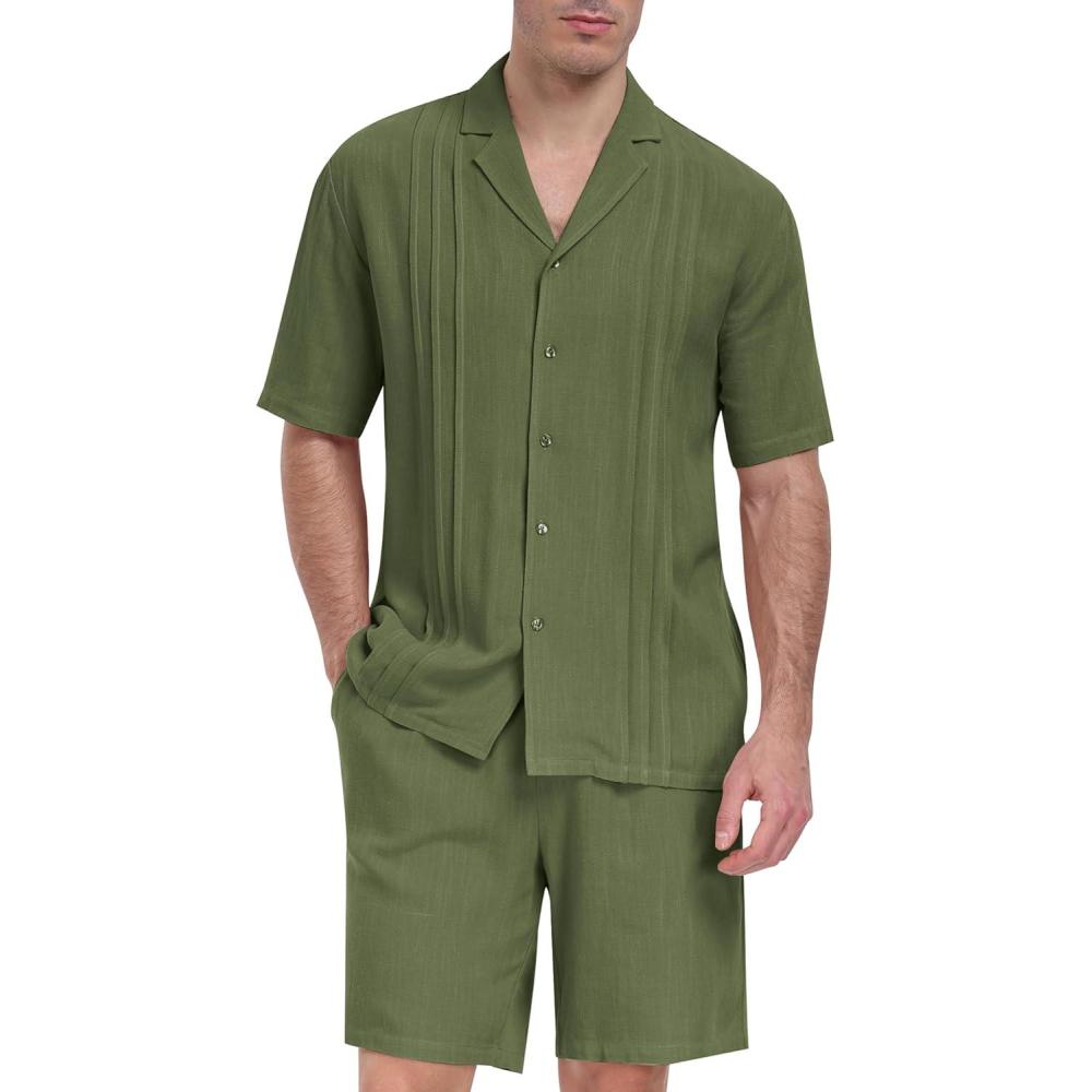 imageMoFiz Mens Linen Sets 2 Pieces Summer Vacation Party Beach Outfits Short Sleeve Button Down Shirts and Pants SetBgreen